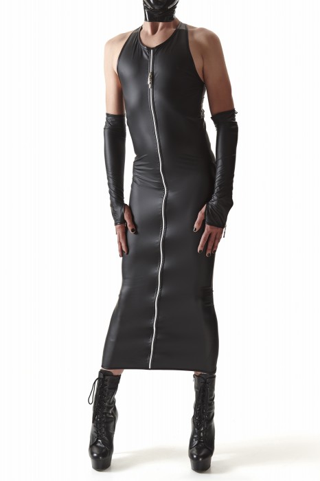Dress with decorative zippers and gloves with zippers